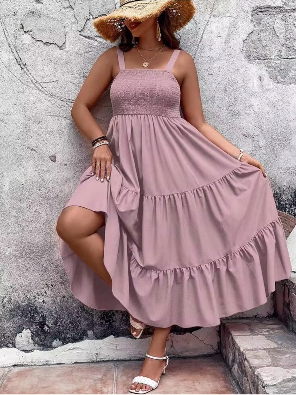 Smocked Bodice Tiered Midi Dress - Dusty Mauve